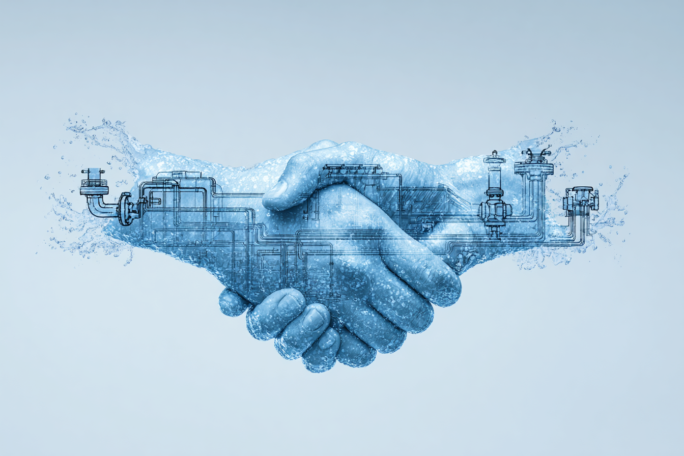 Digital illustration of a handshake over a city grid