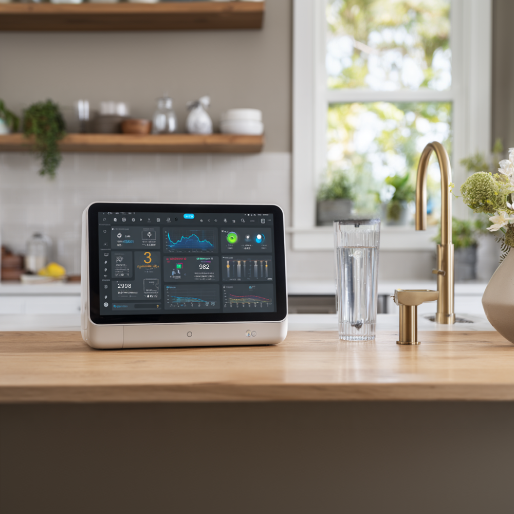 A smart water monitoring device on a kitchen counter